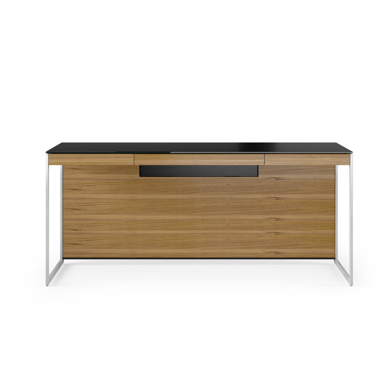 Sequel 20 Glass Writing Desk, Natural Walnut/Satin Nickel, 24.75" H x 66" W x 24" D