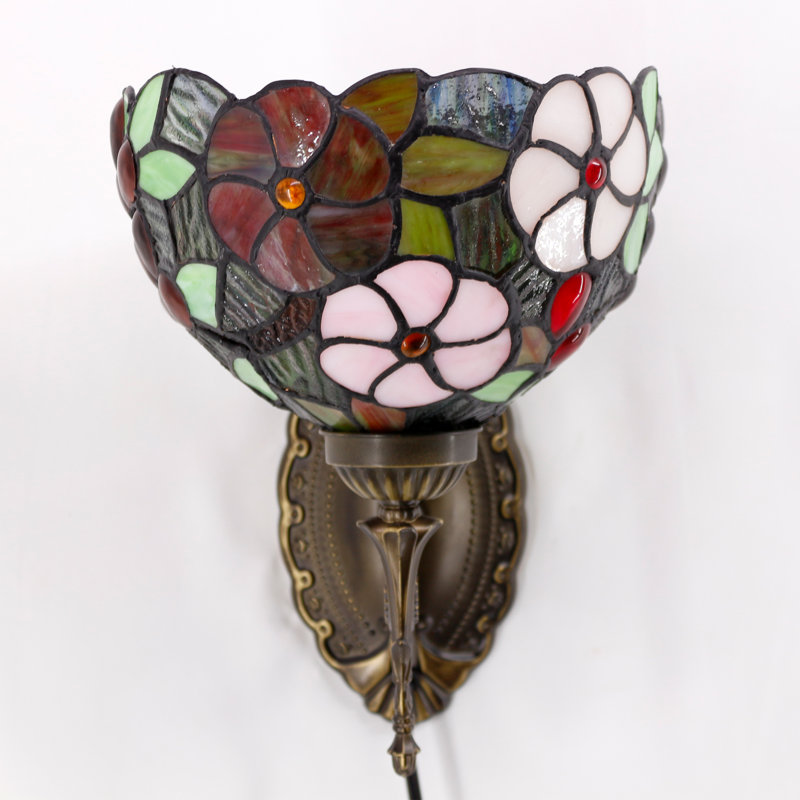 Tiffany Wall Sconce Lamp Plug In or Hardwire Wall Light with 8 Inch Green Purple Grape Stained Glass Flower Lampshade 8X10.5X11 Inch, Base Finished Antique Bronze, 6ft Cord with On/Off Switch
