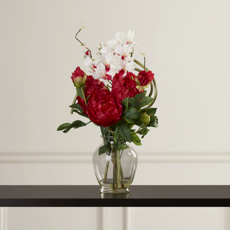 Arrangement floral orchidées et pivoines dans un vase, Rouge / blanc