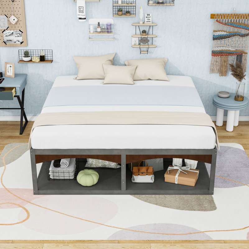 Lit plateforme très grand en bois avec tiroirs de rangement et de lumière, Antique Grey