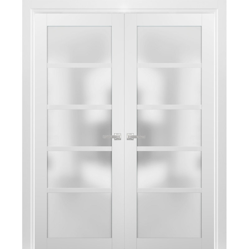 Portes françaises blanches en verre givré Quadro avec trousse de quincaillerie d'installation, 48 po x 84 po