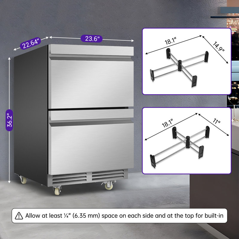 Réfrigérateur à boissons à tiroir de 24 pouces, capacité de 240 canettes, refroidisseur à bière encastré ou autoportant en acier inoxydable, poignée de porte cachée, 2 organisateurs de grille, roulettes pivotantes