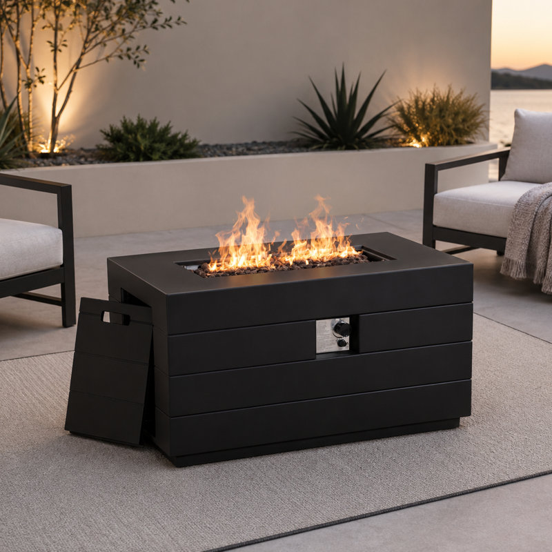 Rectangle Concrete Propane Fire Pit Table with Hidden Fuel Tank
