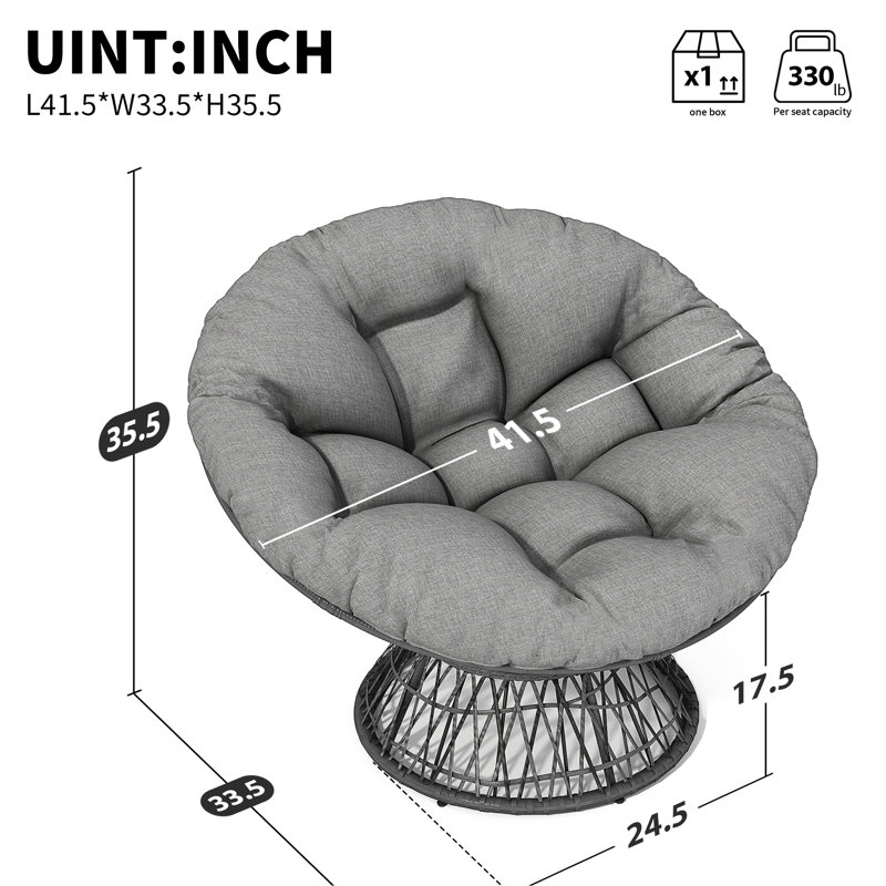 Chaise de 41,5 po de conception ergonomique, coussin, pivotant à 360 °, tissu imperméable, structure en métal, convenant à diverses pièces, rembourrage gris doux et housse de teinture, base, grenier