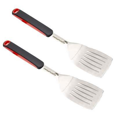 Spatule de barbecue en acier inoxydable Megamaster, outil de barbecue avec poignée en caoutchouc rouge et noir, accessoire de cuisson robuste pour la cuisson en plein air (paquet de 2 de 130-0104p)