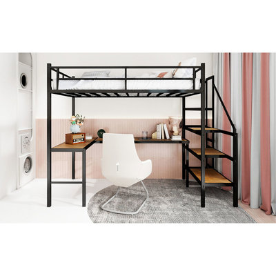 Lit mezzanine simple en fer noir avec garde-corps à 360 °, structure de ceinture continue et espaces de rangement multiples pour garde-corps, escaliers, compartiments de bureau en forme de L