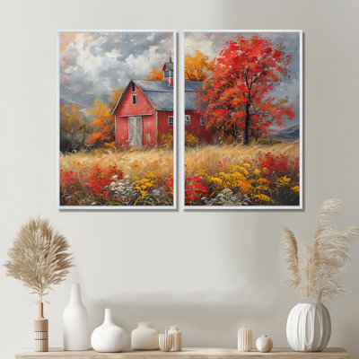 Autumn Red Barn Breeze I - Art mural traditionnel rouge 2 pièces
