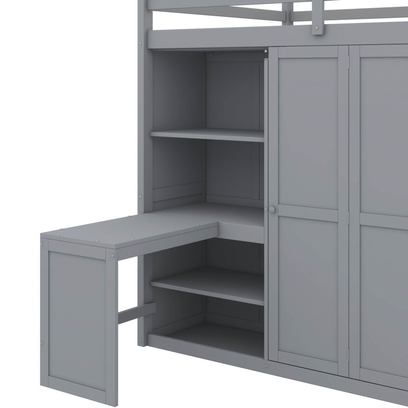 Lit mezzanine double avec garde-robe intégrée, bureau et tablettes complètes, gris