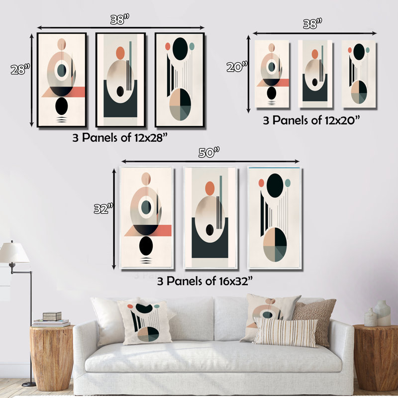 Lovely Moon Rhythms Retro Geometric Minimalism II - Transitional Art Set Of 3 Pieces, Toile tendue, H 28 po x l 36 po
