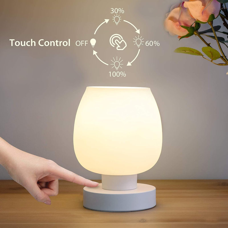 Small Modern White Opal Glass Touch Bedside Lamps with USB Ports