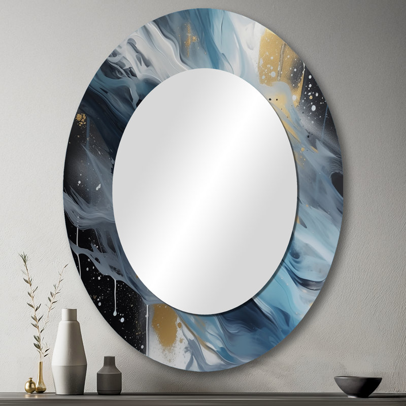 Blue And White Transcendent Brushstrokes II - Large Oval Wall Mirror On Metal, 43" x 33"