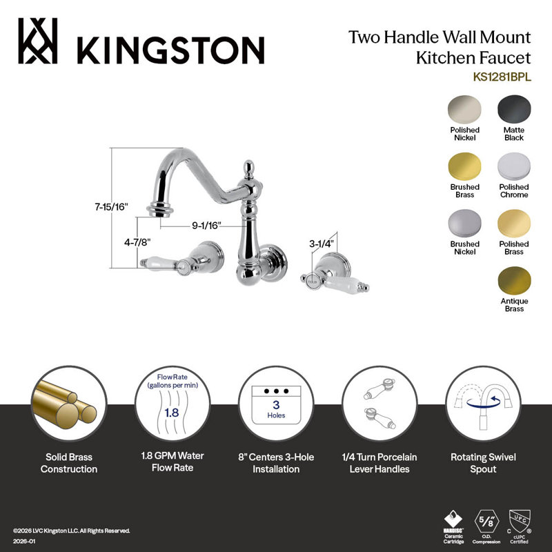 Kingston Brass Bel-Air Double-Handle 3-Hole Wall-Mount Kitchen Faucet, Brushed Brass