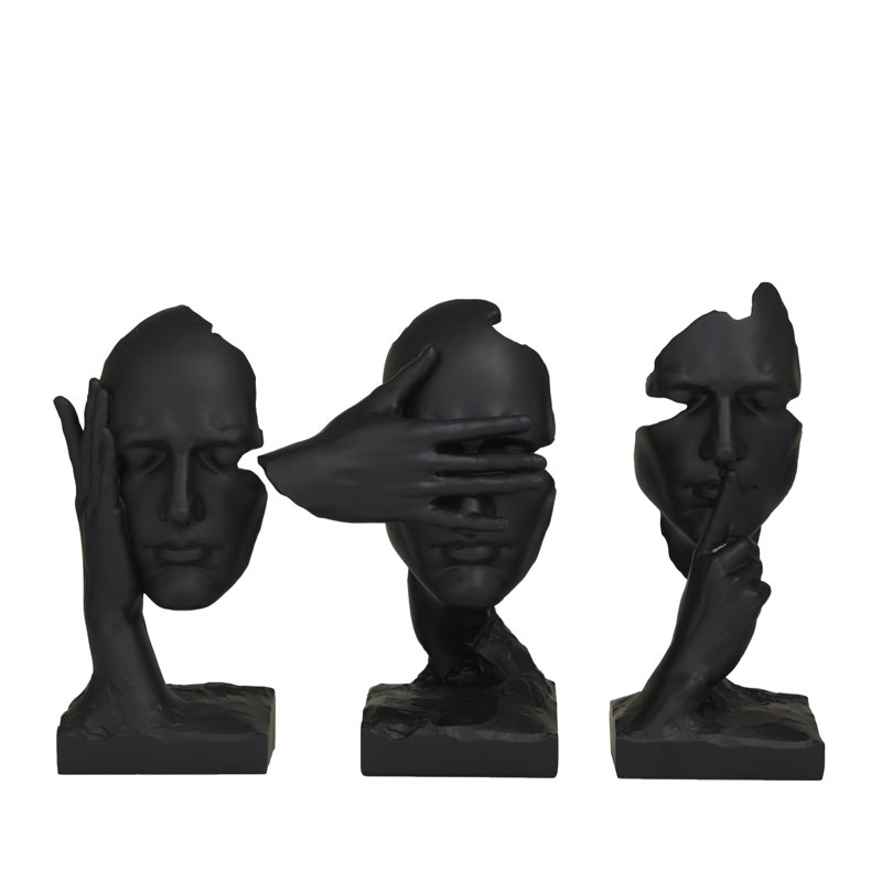 Black Polystone Face Decorative Sculpture, Set of 3