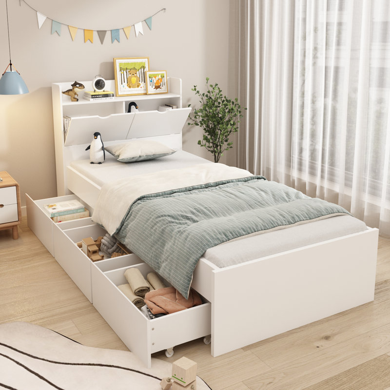 82.5"L × 40.9"W × 37.4"H White Bed Frame with Storage Headboard