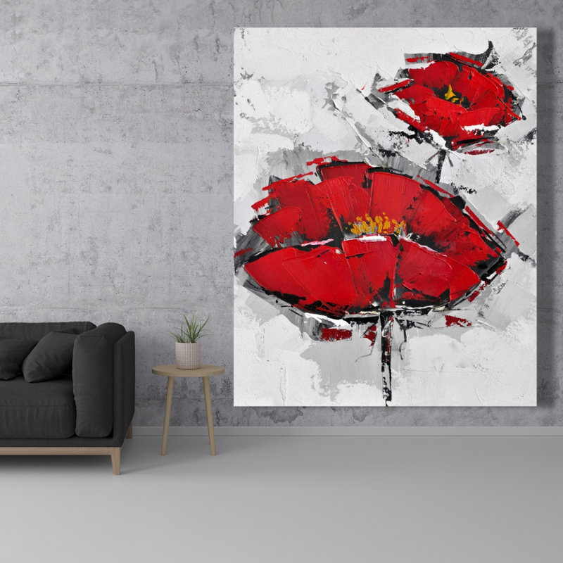 Art texturé sur toile, coquelicots rouges texturés