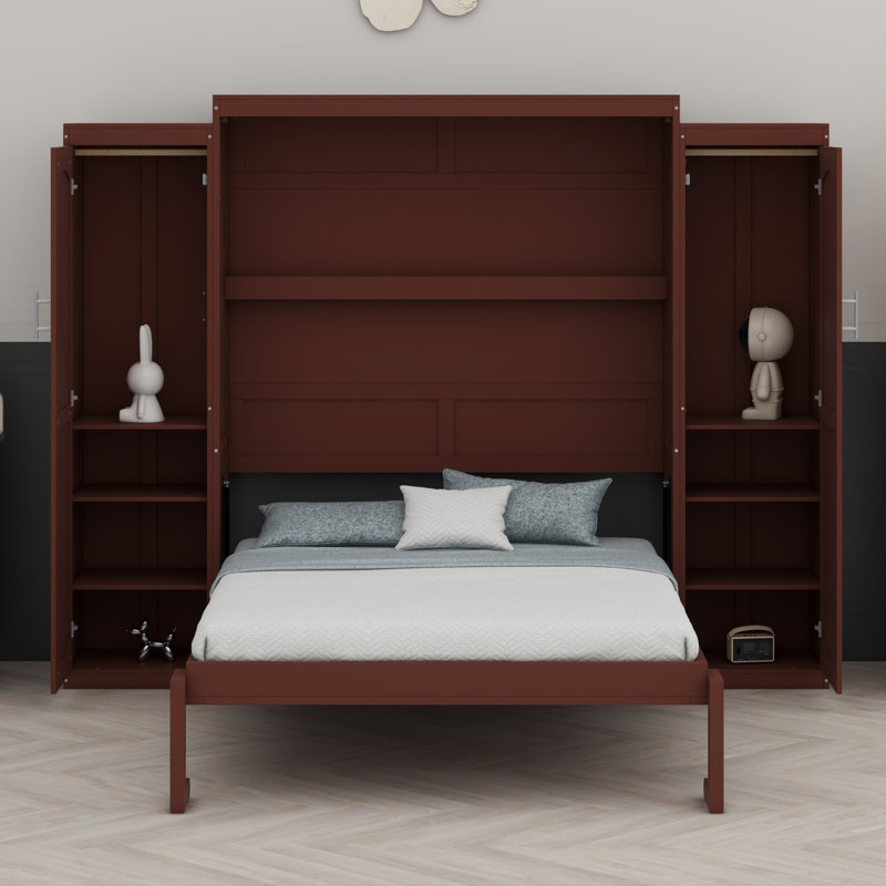 Lit plateforme pliable en bois avec garde-robe et tablette de rangement, Noyer, Grand