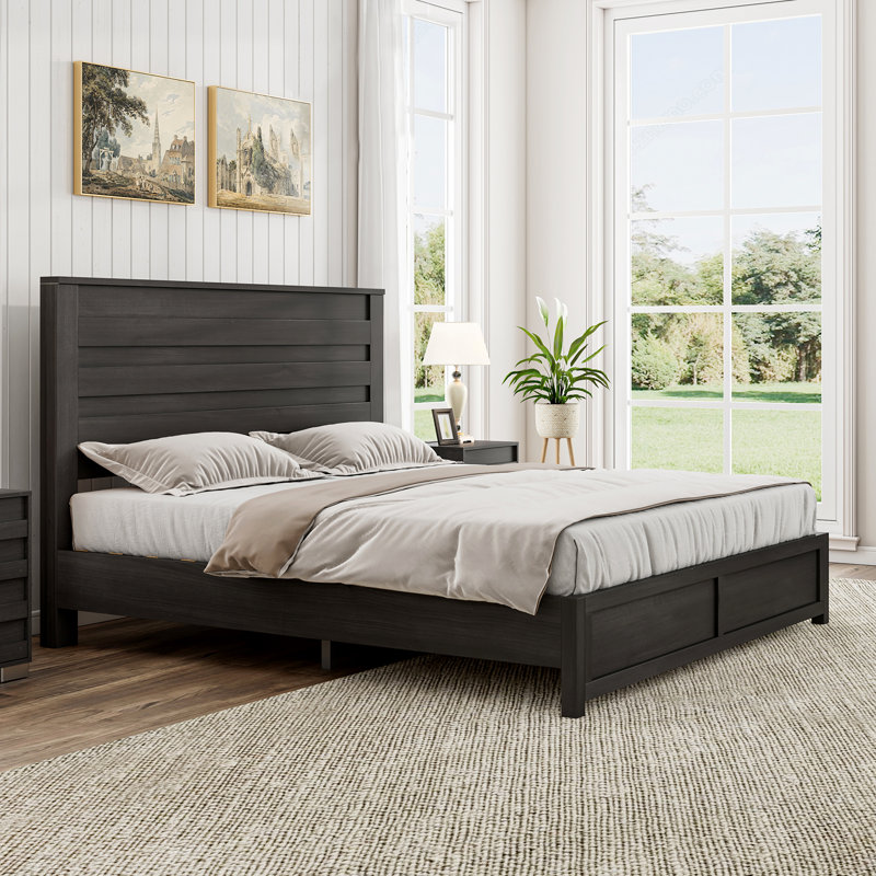 Full Black Metal Frame Bed with Wood Headboard and Slats