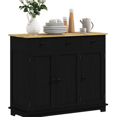 Buffet noir vieilli - Plateau en bois massif, 3 tiroirs, portes, tablette réglable. Idéal comme meuble de rangement romantique ou pratique pour la chambre.