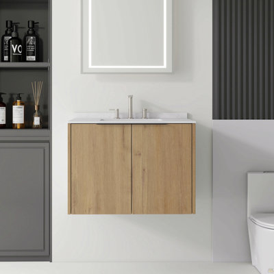 Meuble-lavabo flottant 30 po avec lavabo, porte à fermeture en douceur, comptoir et dosseret en marbre de culture blanc de Carrare de 0,6 po, contreplaqué, chêne