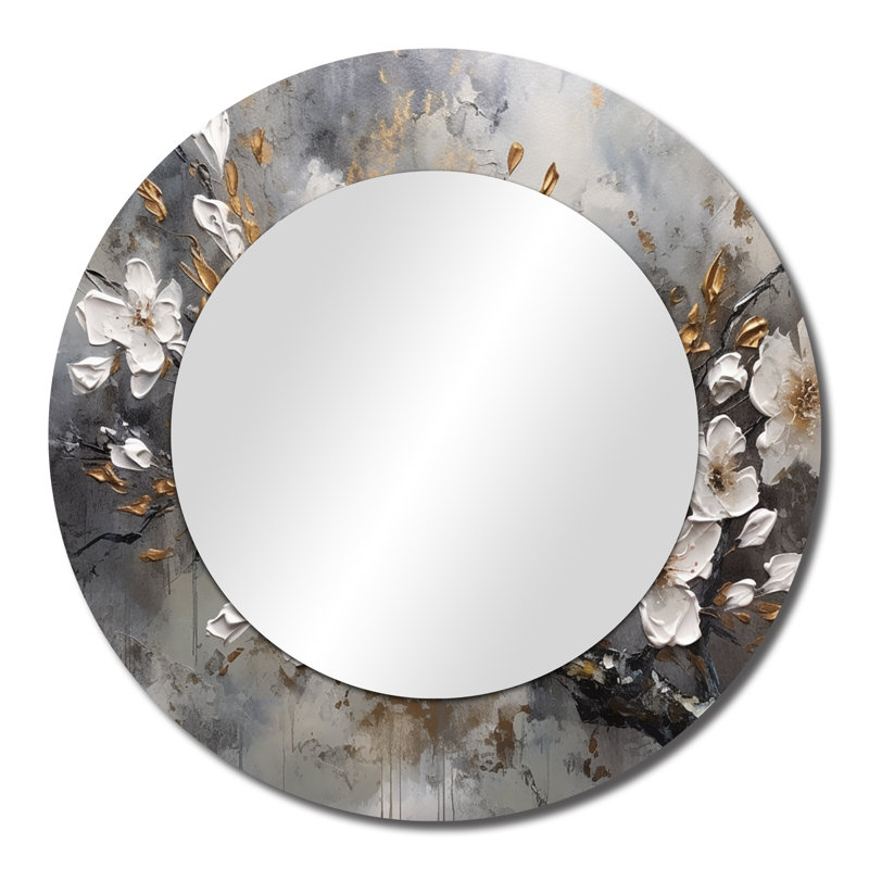 Blanc gris cerise Blossum Harmony I - grand miroir floral, miroir mural décoratif rond traditionnel, impression d'art en métal