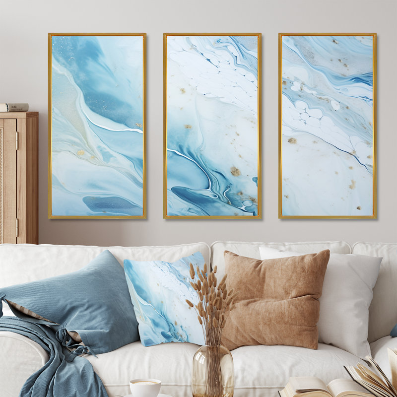 «White and Blue Glacier Charm», ensemble de décorations murales formes abstraites, Cadre flottant doré