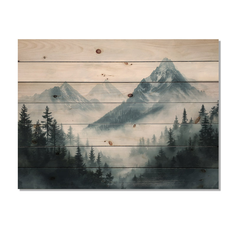 Misty Mountain Morning II - paysage de montagnes, art mural sur bois de pin naturel, H 24 po x l 32 po x P 0,78 po