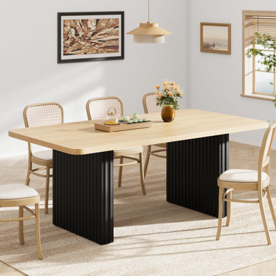 Table de salle à manger Modern Farmhouse pour table rectangulaire en bois 6-8 - 71 po - Plateau spacieux - Pieds en métal cannelés noirs - Parfait pour la salle à manger, le bureau, l’appartement - Taille: 1,8 x 0,8, couleur bois naturel