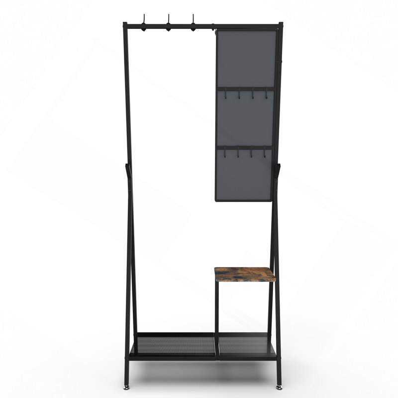 Coat Rack With Mirror, Multifunctional Hall Tree With Shoe Storage,  Aluminum Frame, For Living Room Bedroom 73X32x15", Industrial Style