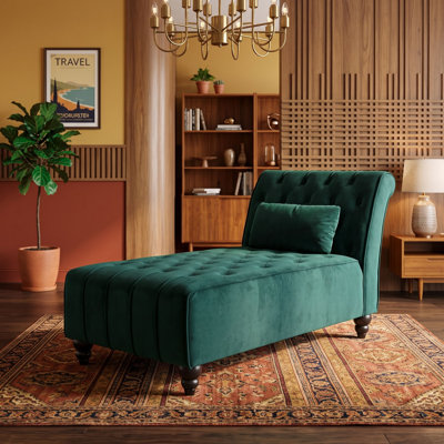 Velvet Upholstered Chaise Lounge with Wood Legs