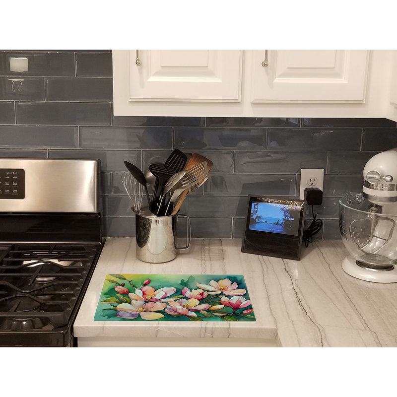 Louisiana Magnolias in Watercolor Glass Cutting Board Large