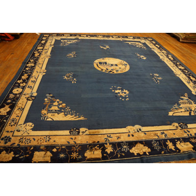Tapis chinois à poils longs en laine bleu antique