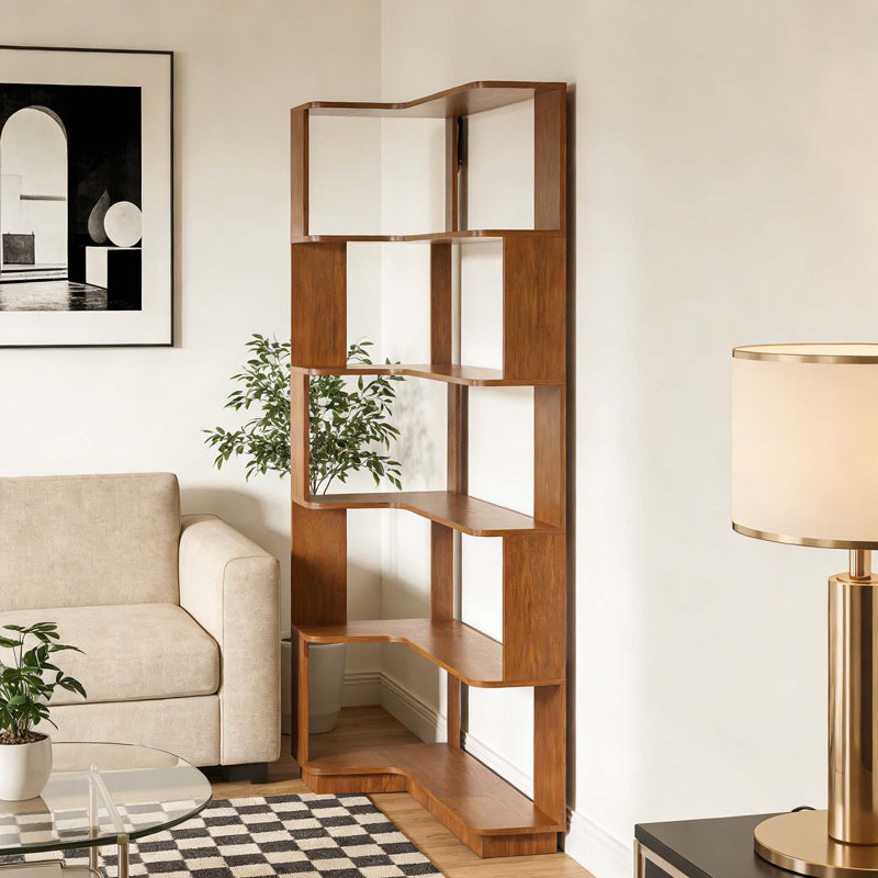 5-Tier L-Shaped Corner Bookshelf for Home and Office, Dark Oak