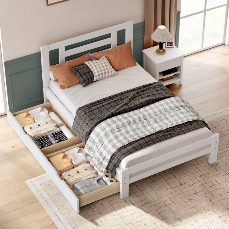 Twin Bed With 2 Storage Drawers, Solid Wood Platform Bed With Headboard, Twin Bed Frame For Teens Adults, Wood Slats Support, No Box Spring Needed, White