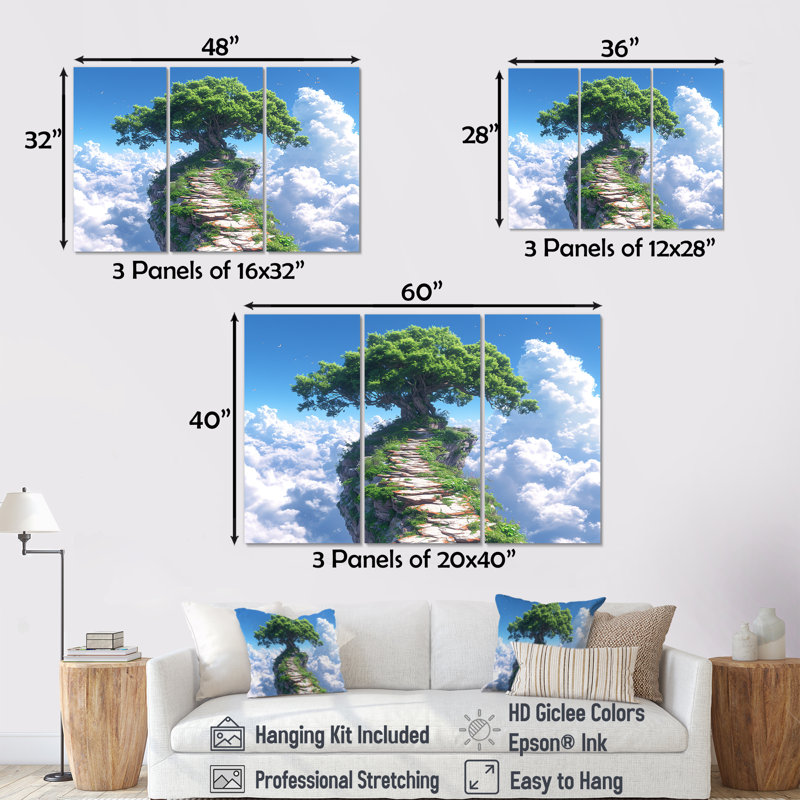 Chemin vers un arbre dans les nuages - ensemble d'art mural chêne, Toile tendue, H 32 po x l 48 po x P 1 po