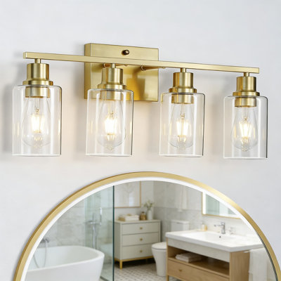 Brushed Gold Vanity Lights For Bathroom, 4-Light Wall Sconce Fixture With Clear Glass Shades, Modern Farmhouse Brass Lighting For Mirror, Living Room, Bedroom, And Hallway