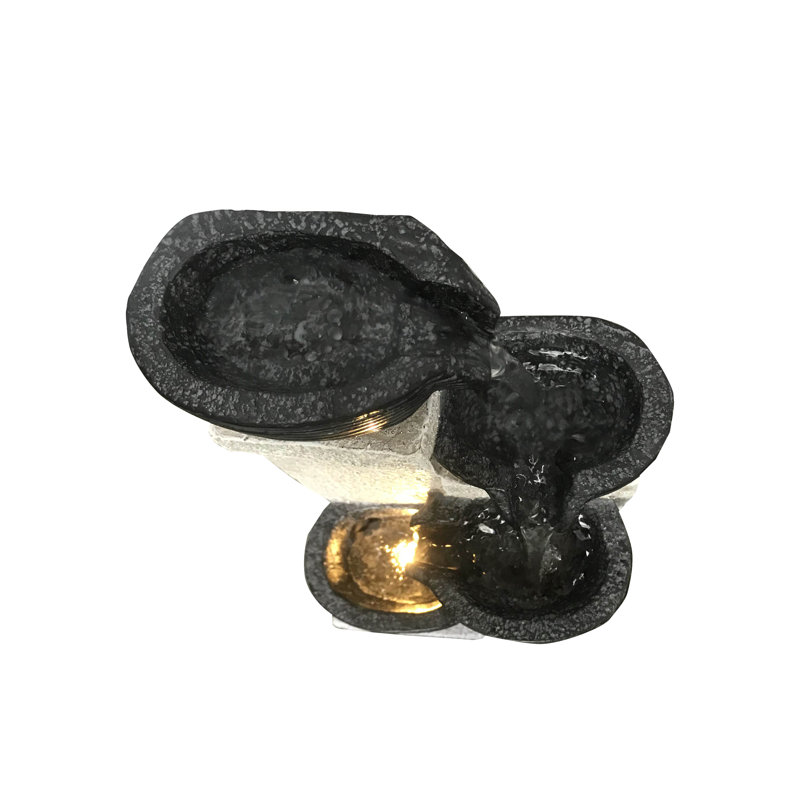 11" Beige and Black Stacking Bowls Fountain with LED Lights