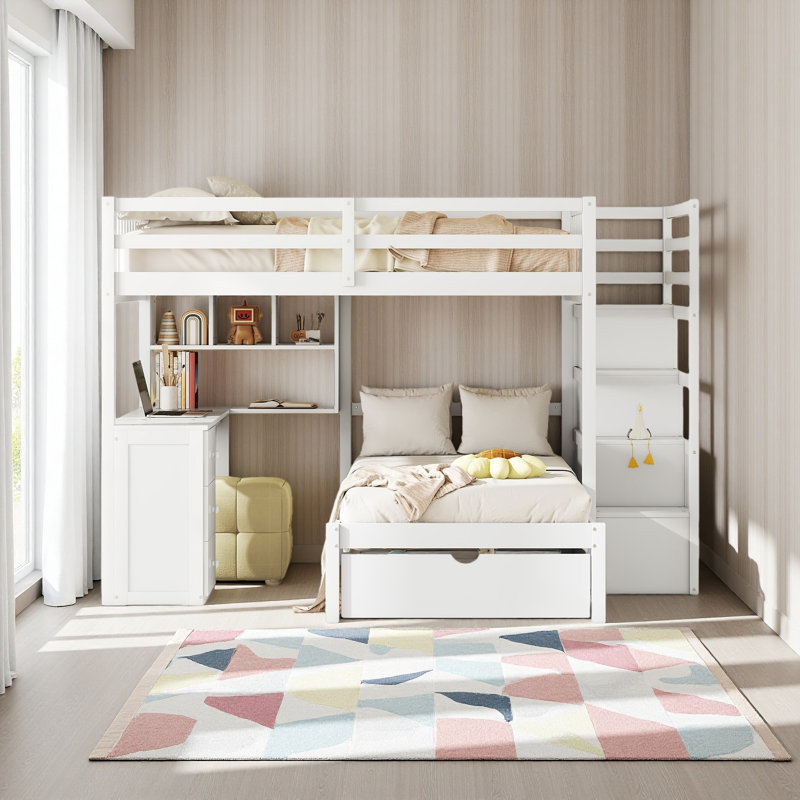 Lit superposé double au-dessus de simple avec garde-robe et tiroirs, Blanc