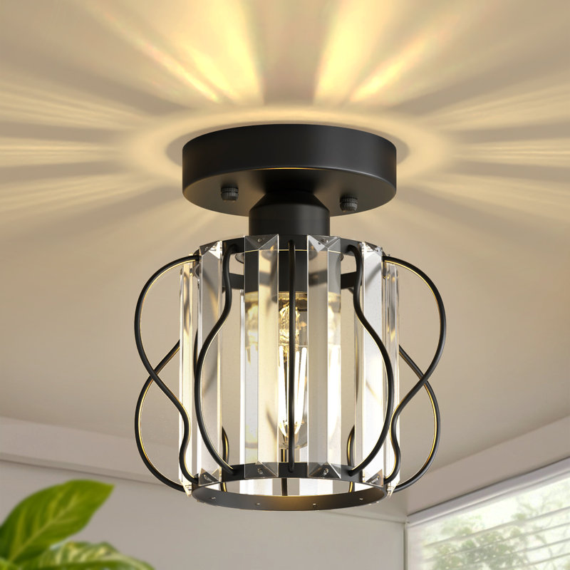 7-Inch Crystal Semi-Flush Mount Ceiling Light For Bedroom Hallway Entryway, Matte Black, 7.8''(H）x 7.1''(W) x 7.1''(D)