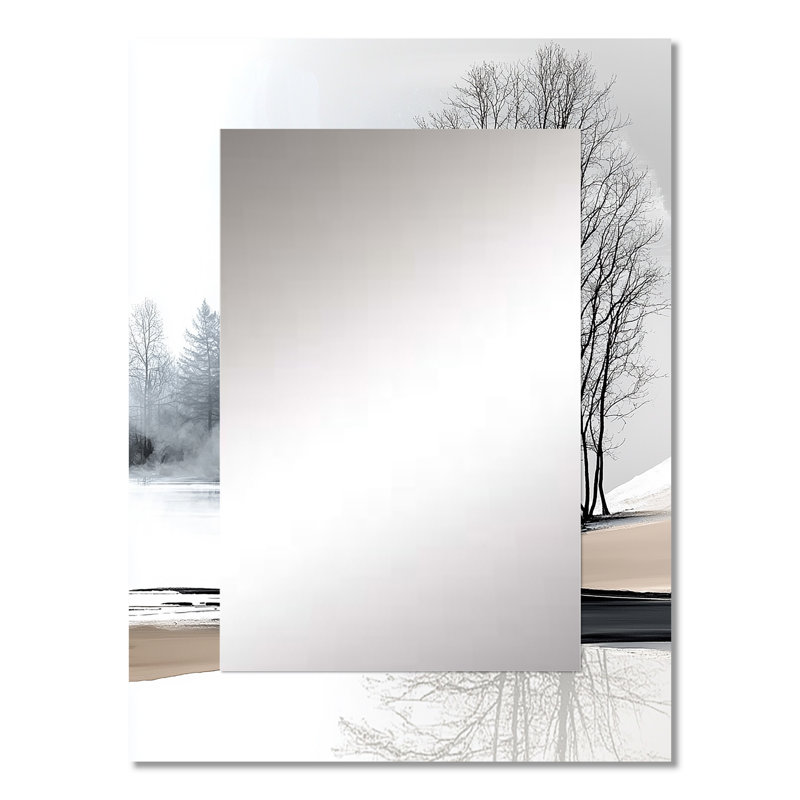 Paysage gris d'hiver au bord du lac III - miroir décoratif de paysage d'hiver, miroir mural traditionnel, impression sur métal
