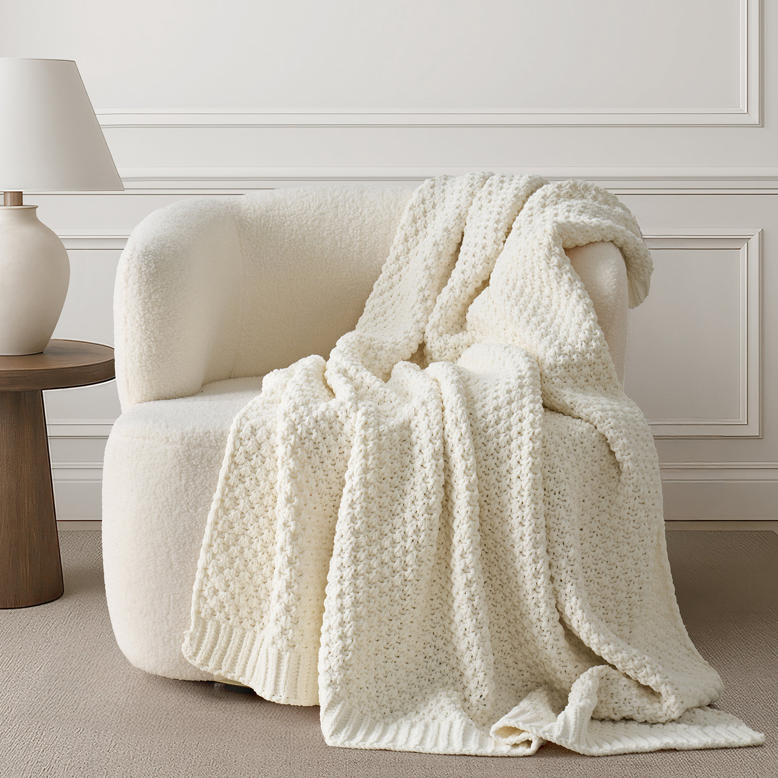 Chunky Chenille Weighted Throw Blanket, Ivory White, 60" L x 50" W