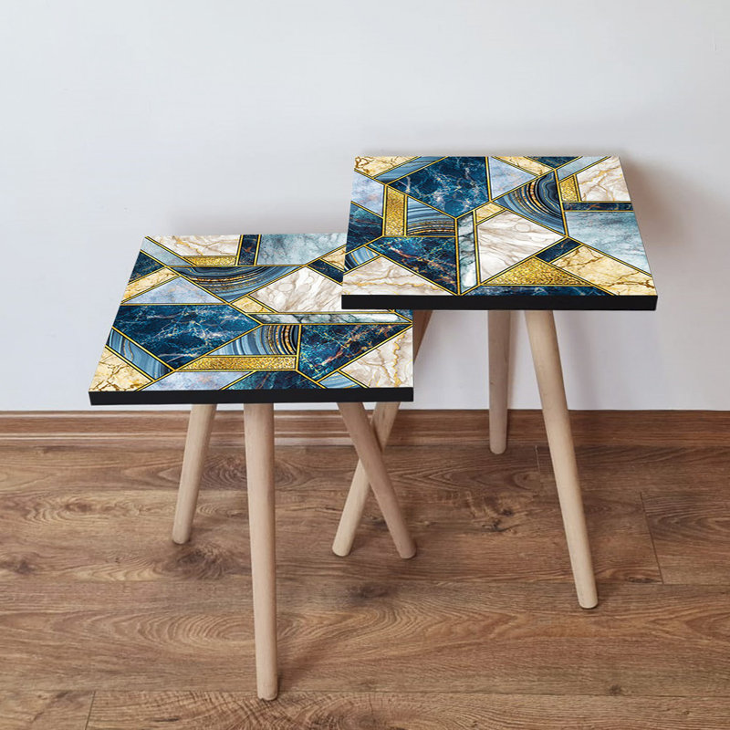 Modern Nesting Table Set (2 Pieces), Navy Blue & Gold, 13.8 x 18.5 x 13.8 in & 13.8 x 16.5 x 13.8 in | 100% MDF with Beech Wood Legs, Stylish Geometric Design | Perfect for Living Room & Office Décor