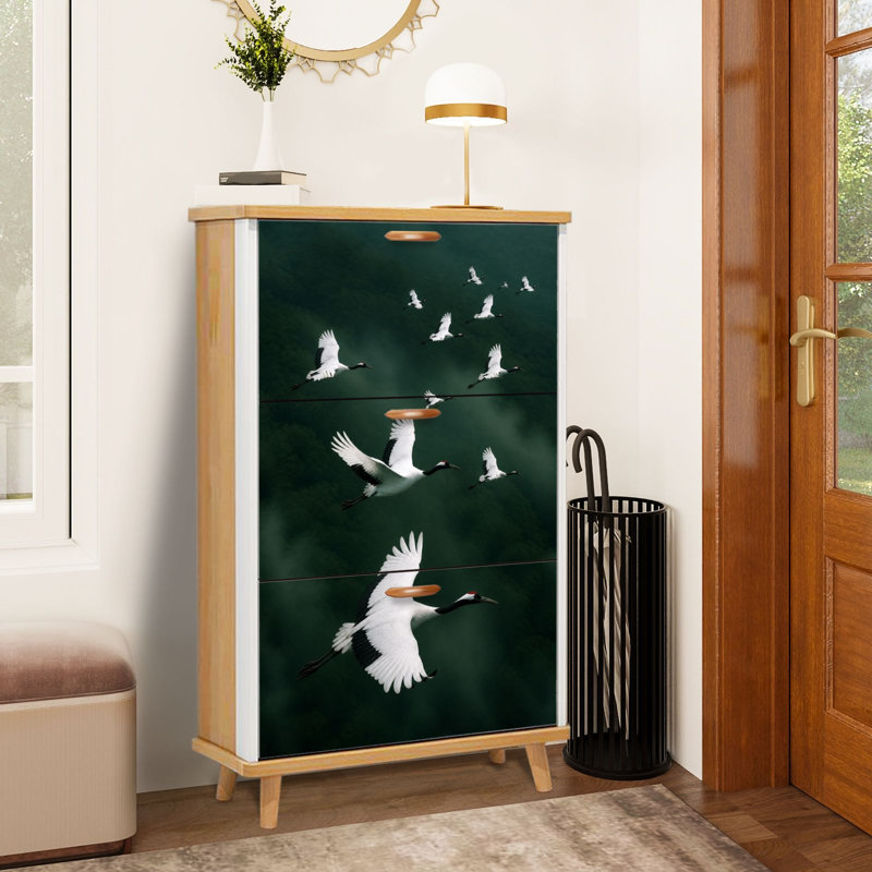 Meuble de rangement à chaussures minimaliste Flock Red Crowned Cranes Green Forest Misty Red Crowned avec 3 tiroirs rabattables, autoportants, gain de place, idéal pour l'entrée, le corridor, la chambre, les petits appartements et la maison.