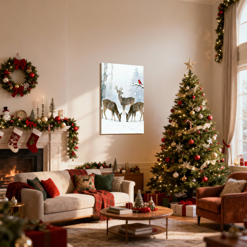 Ensemble de 3 reproductions d'art sur toile de Noël, hiver, cerf et oiseau rouge, H 18 po x l 12 po