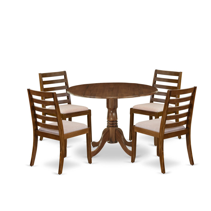 Dining set includes a Round Table and Polyester Fabric stackable Chair, Antique Walnut, 5, Light Tan