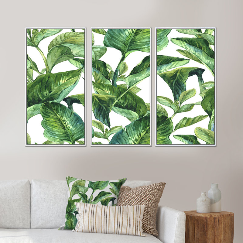 «Foliage Of Tropical Leaves», reproduction sur toile flottante 3 pièces, L 36 po x H 28 po, Cadre blanc