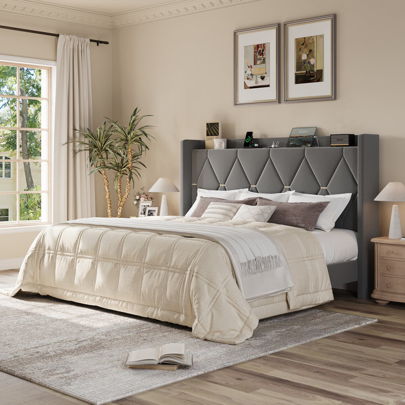 Modern Tufted Velvet Upholstered Bed With Charging Station & Storage Shelf ,No Box Spring Needed, Gray, King