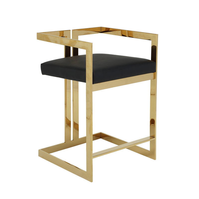 Tabouret de comptoir avec repose-pieds Kenzie, Similicuir noir, Doré, Tabouret de comptoir (siège d'une hauteur de 25,5