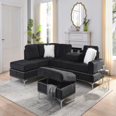 Canapé modulaire 3 places avec méridienne réversible, repose-pieds avec rangement et porte-gobelets, pieds en métal et clous en cuivre, deux coussins blancs