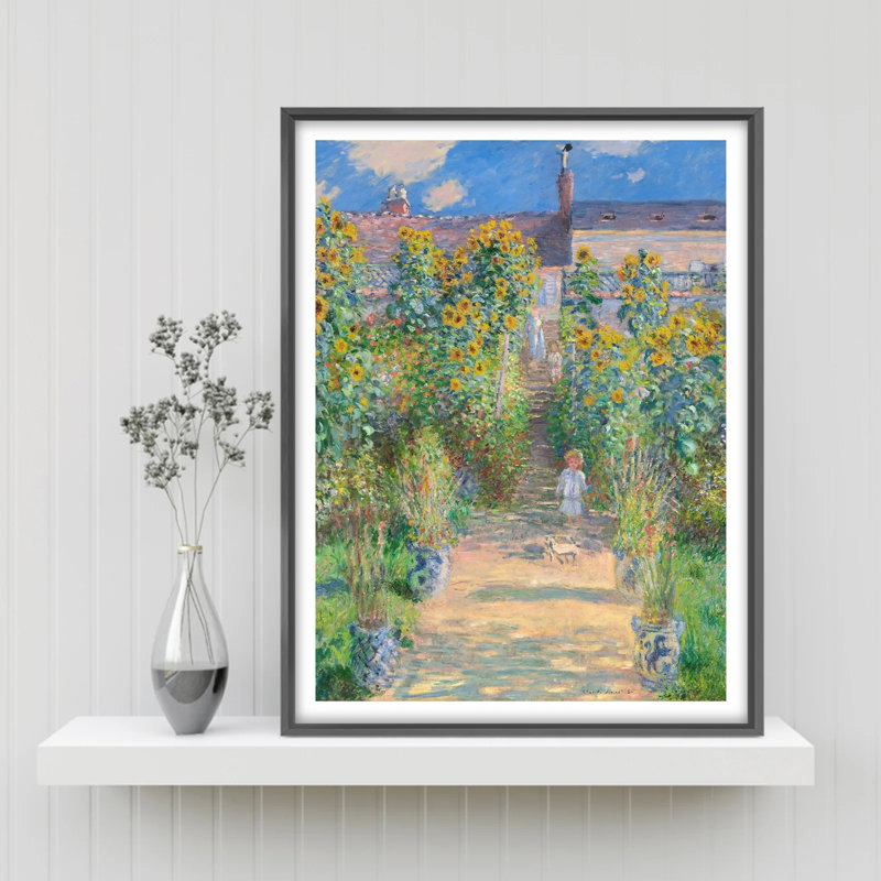 Jardin, art mural 8 x 10 pouces, chemin de tournesol de Monet, reproduction sur toile avec cadre en métal noir