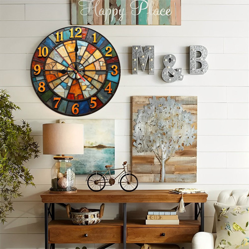 Horloge murale 10 po en MDF rond avec mouvement à quartz silencieux et crochet sans perceuse (piles AA non incluses)